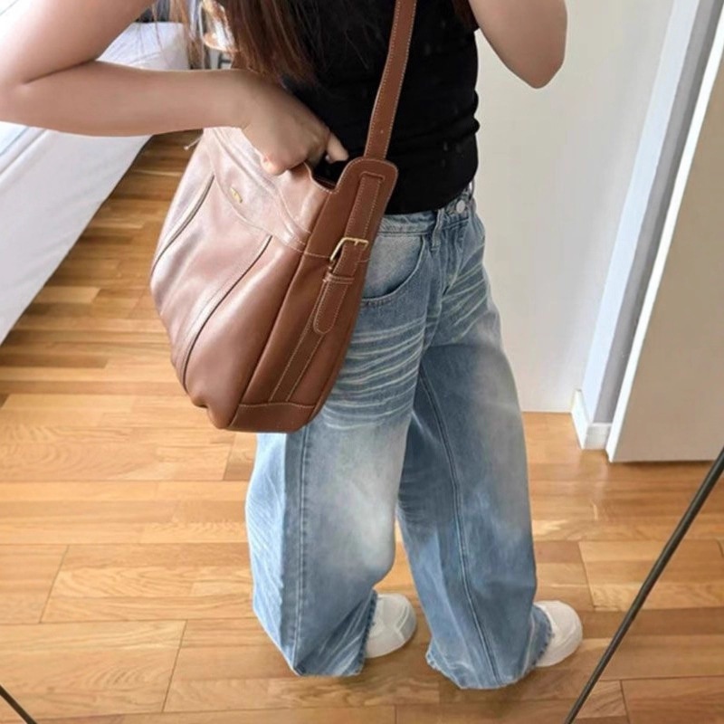 Light Blue Washed Vintage Straight-leg Jeans For Women, Autumn Design Wide-leg Loose-fitting Floor-length Pants, Trendy_voghion.com