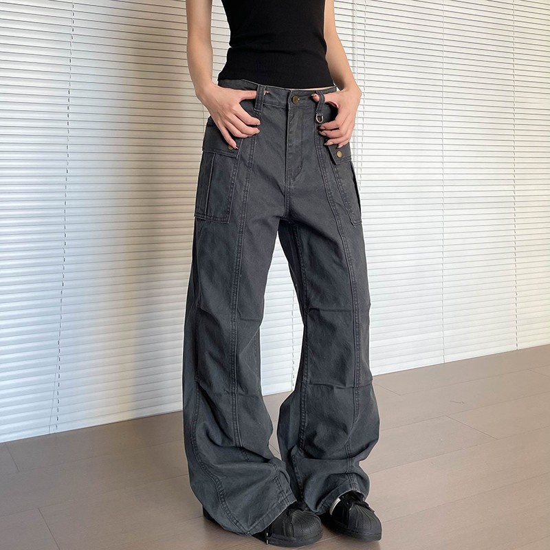 Amerikanische Retro-Cargohose mit mehreren Taschen für Damen und Herren, gerades Bein, leicht ausgestellt, figurformend, gewaschen, lässig._voghion.com