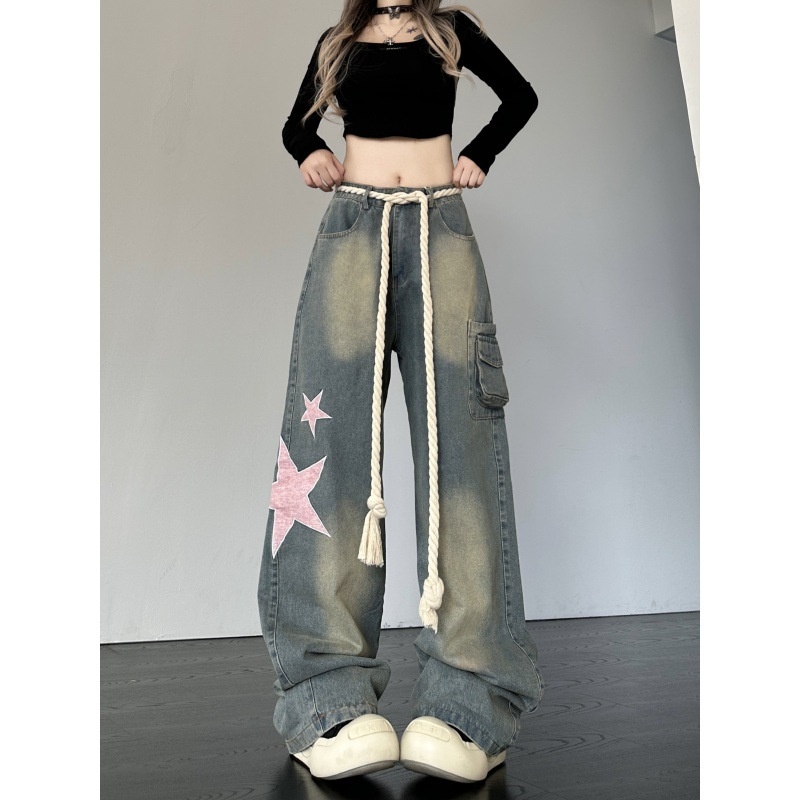 Cross-border American Retro Star Patch Design Women's Dopamine Straight Loose Slimming Niche Jeans_voghion.com