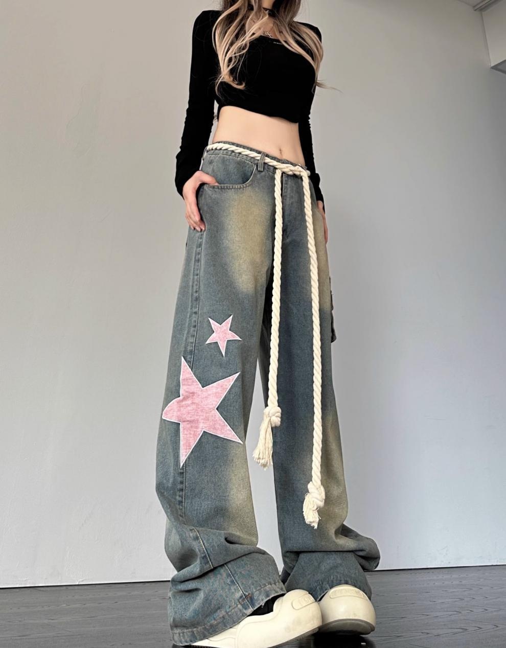 Damen Retro Jeans Mit Stern Patch Schnitt Weiter Passform Denim Hose_voghion.com