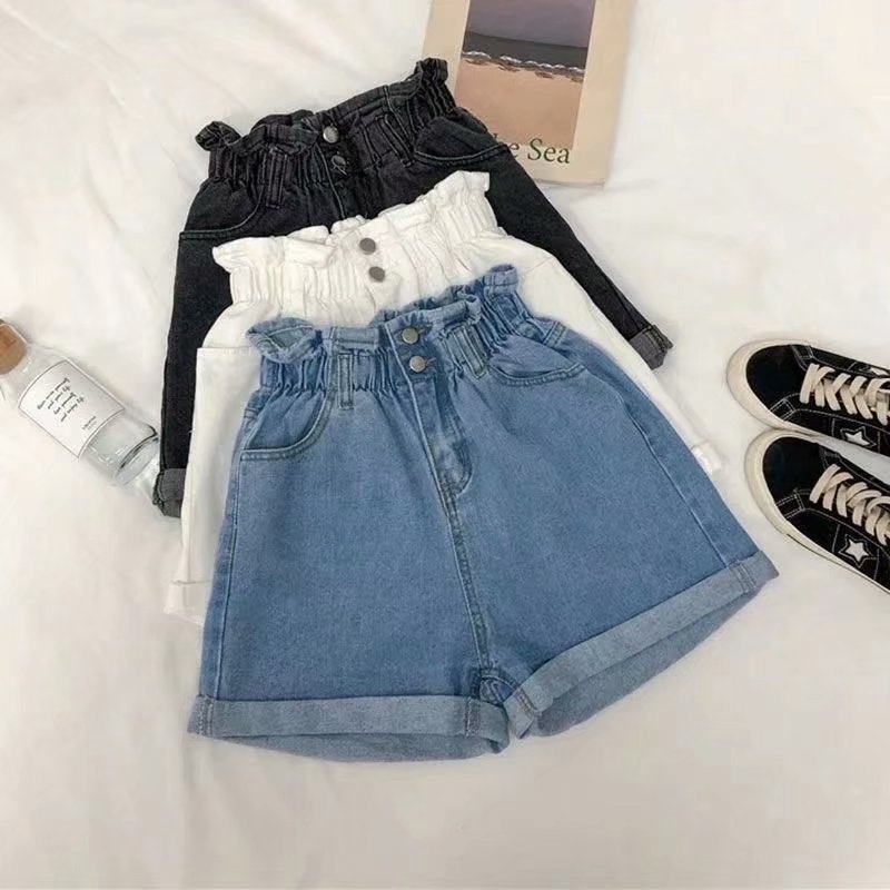 Damen Denim Shorts Mit Elastikbund Weites Bein Jeans Hose Blau_voghion.com