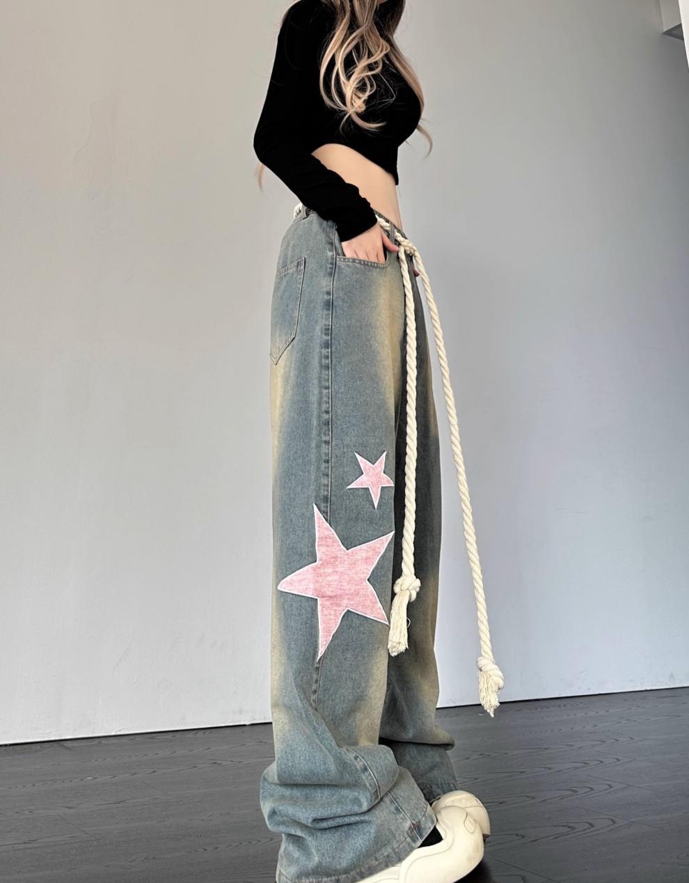 Damen Retro Jeans Mit Stern Patch Schnitt Weiter Passform Denim Hose_voghion.com