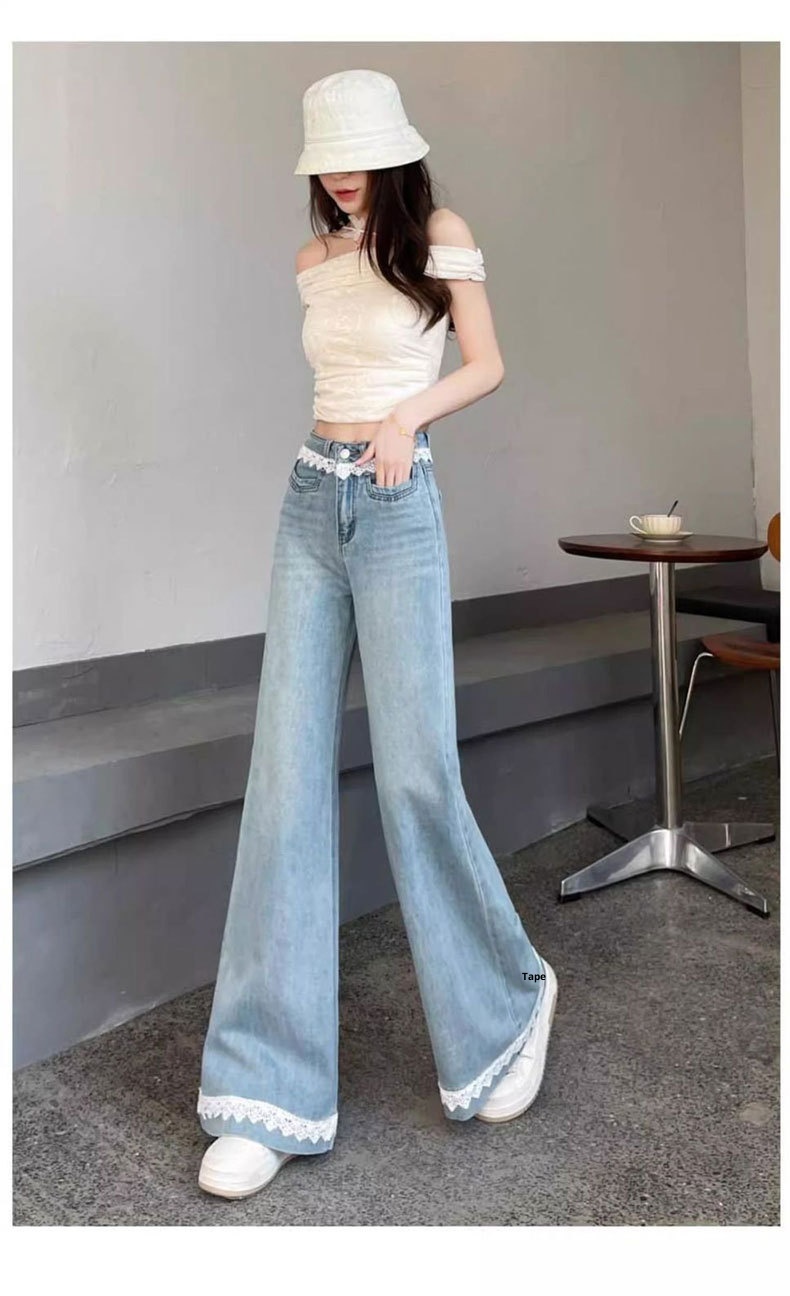 Dam flare jeans med spetsdetaljer och hög midja_voghion.com