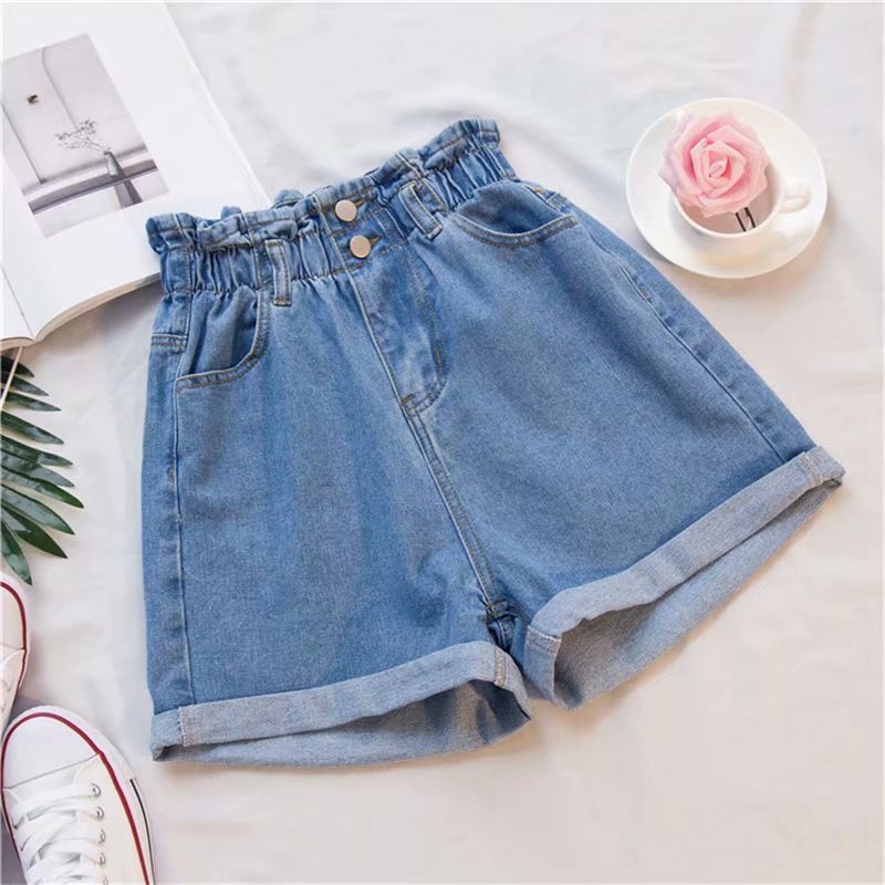 Damen Denim Shorts Mit Elastikbund Weites Bein Jeans Hose Blau_voghion.com