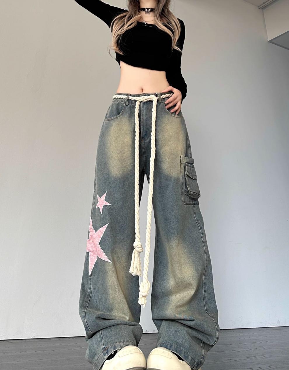 Damen Retro Jeans Mit Stern Patch Schnitt Weiter Passform Denim Hose_voghion.com