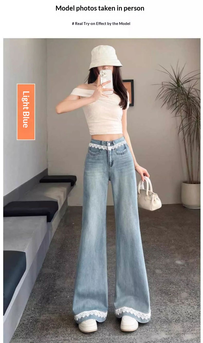 Dam flare jeans med spetsdetaljer och hög midja_voghion.com