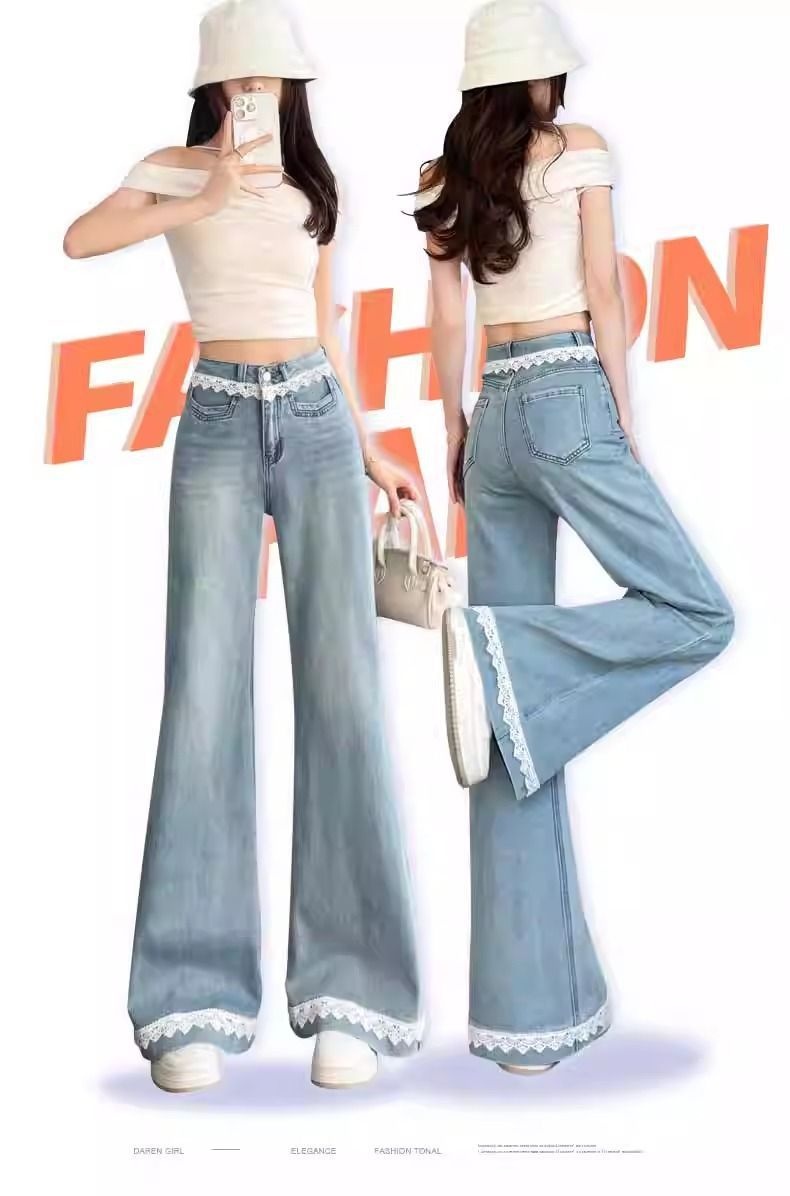 Dam flare jeans med spetsdetaljer och hög midja_voghion.com