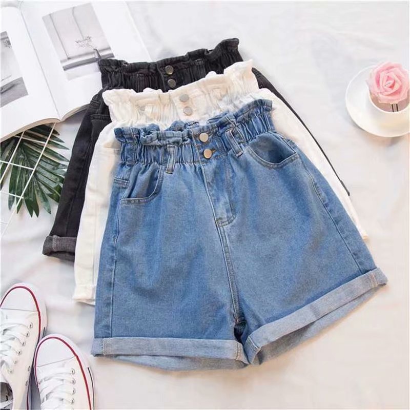 Damen Denim Shorts Mit Elastikbund Weites Bein Jeans Hose Blau_voghion.com