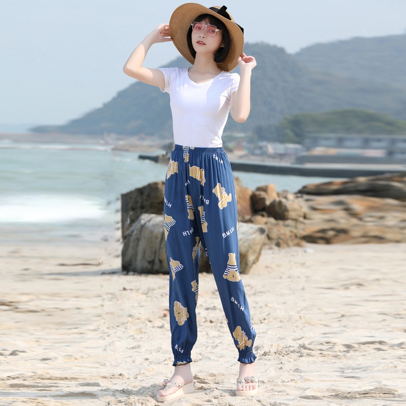 Pantalones anchos tipo farol de seda helada, holgados, deportivos, a prueba de mosquitos, cortos, de verano, informales, para la playa, que estilizan la figura._voghion.com