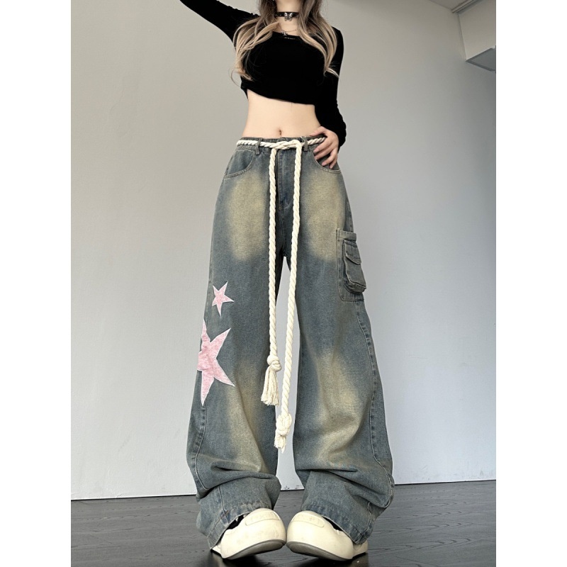Cross-border American Retro Star Patch Design Women's Dopamine Straight Loose Slimming Niche Jeans_voghion.com