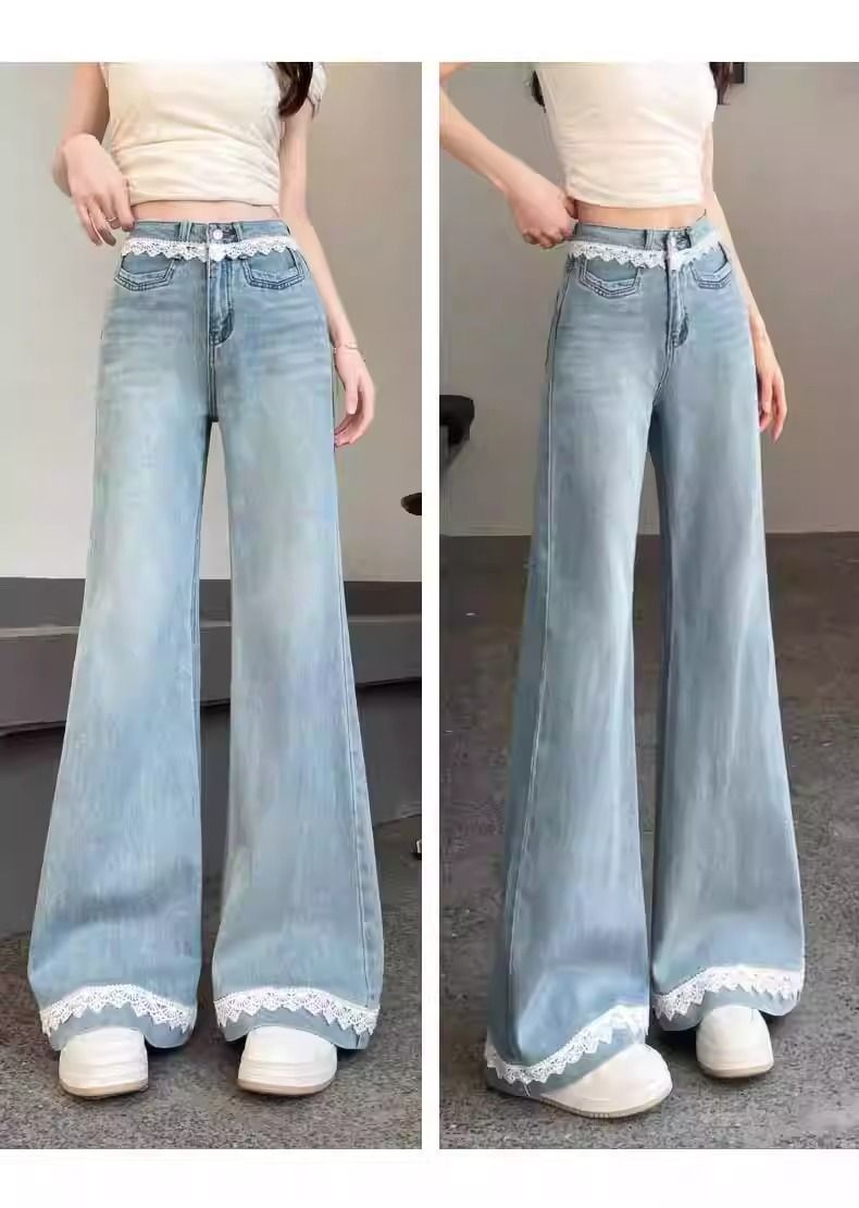 Dam flare jeans med spetsdetaljer och hög midja_voghion.com