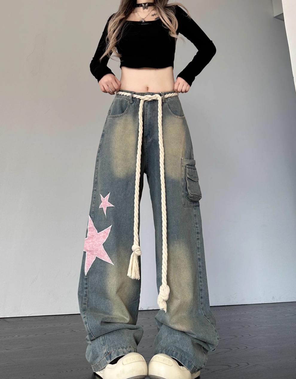 Damen Retro Jeans Mit Stern Patch Schnitt Weiter Passform Denim Hose_voghion.com