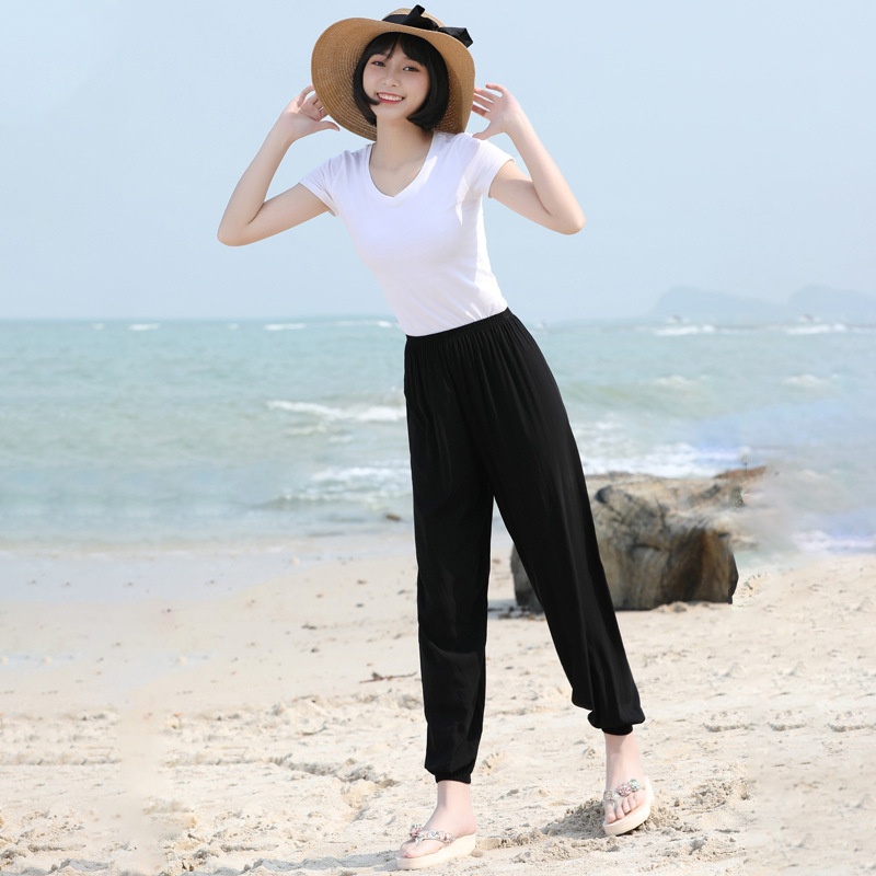 Pantalones anchos tipo farol de seda helada, holgados, deportivos, a prueba de mosquitos, cortos, de verano, informales, para la playa, que estilizan la figura._voghion.com