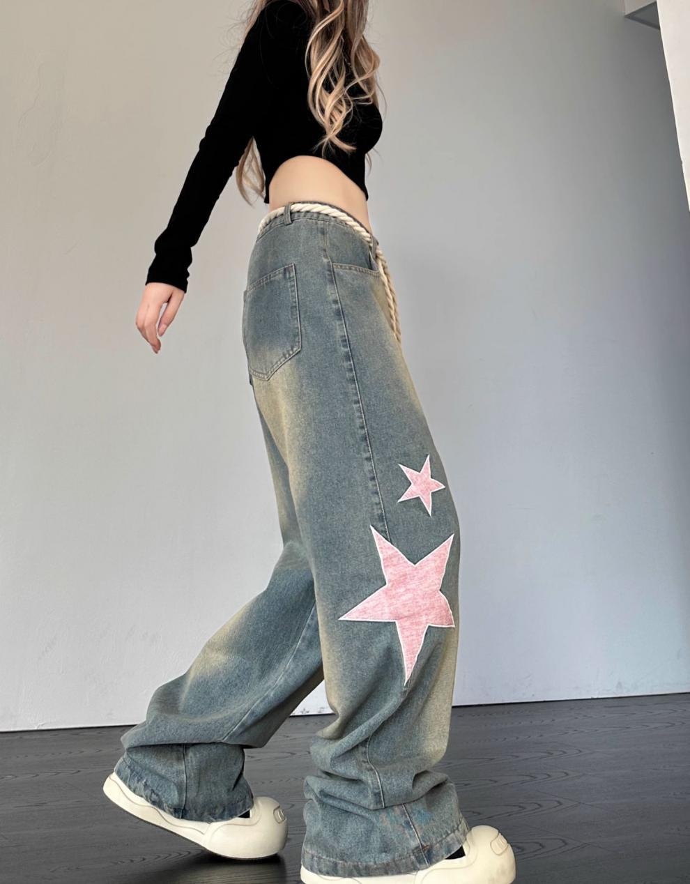 Damen Retro Jeans Mit Stern Patch Schnitt Weiter Passform Denim Hose_voghion.com