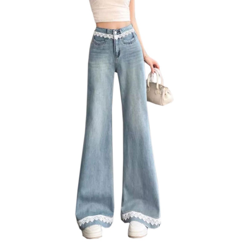 Lace-trimmed Jeans, Non-tight-fitting Pants, Plus-size Loose-fitting Women's Clothing, Large-size High-waisted Flared_voghion.com
