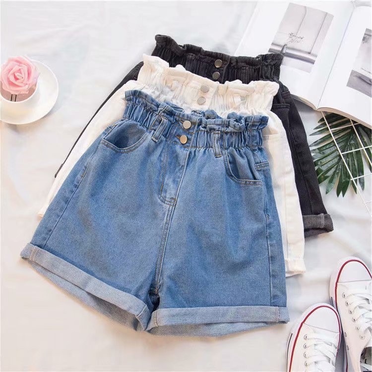 Damen Denim Shorts Mit Elastikbund Weites Bein Jeans Hose Blau_voghion.com
