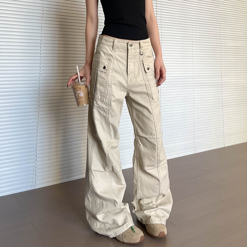 Amerikanische Retro-Cargohose mit mehreren Taschen für Damen und Herren, gerades Bein, leicht ausgestellt, figurformend, gewaschen, lässig._voghion.com