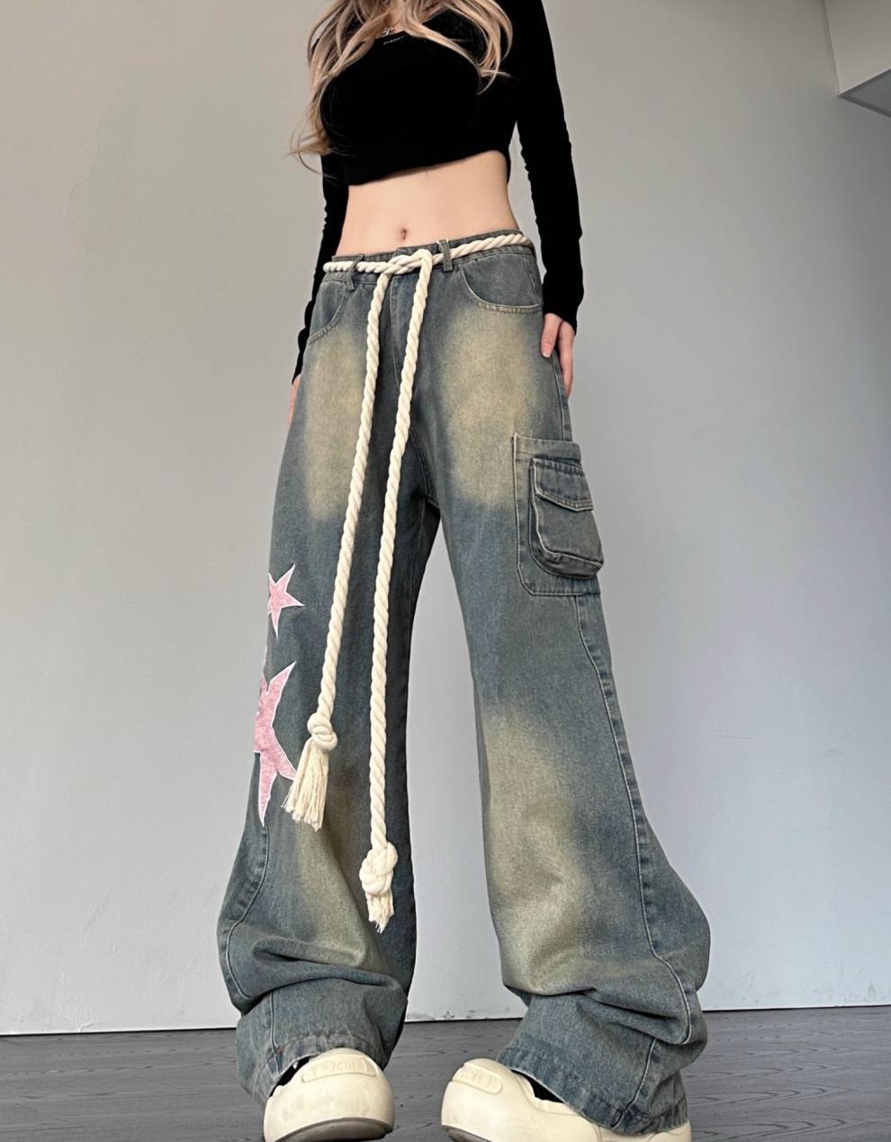 Damen Retro Jeans Mit Stern Patch Schnitt Weiter Passform Denim Hose_voghion.com