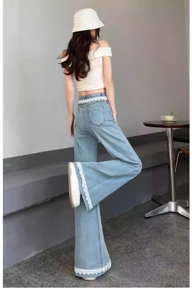 Dam flare jeans med spetsdetaljer och hög midja_voghion.com