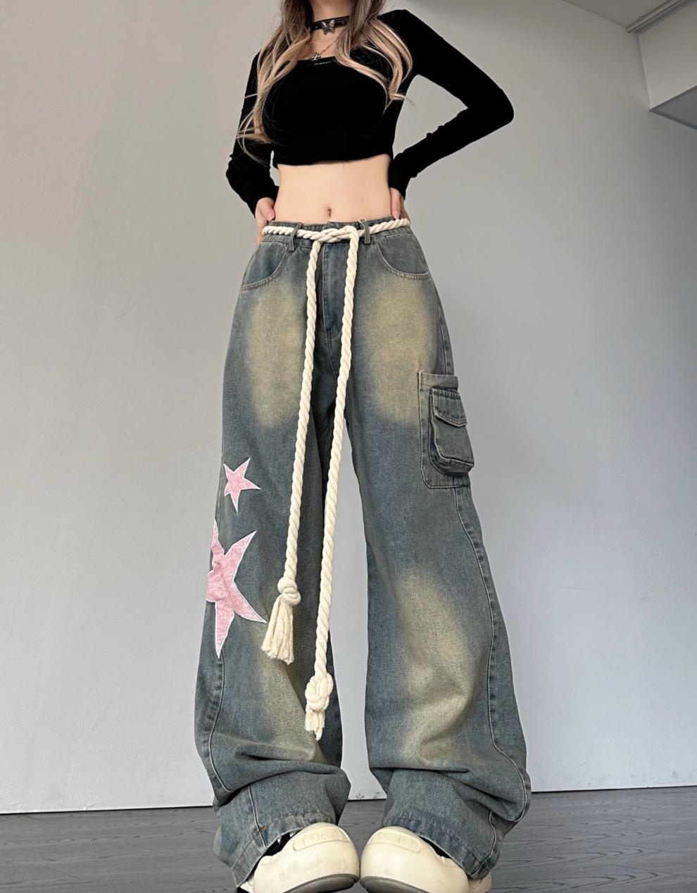 Damen Retro Jeans Mit Stern Patch Schnitt Weiter Passform Denim Hose_voghion.com