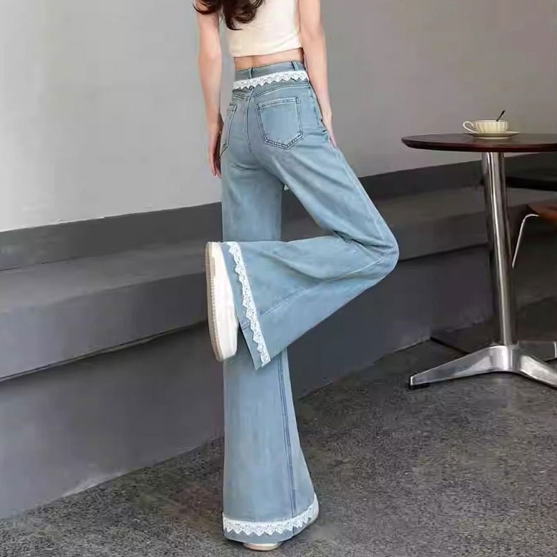 Lace-trimmed Jeans, Non-tight-fitting Pants, Plus-size Loose-fitting Women's Clothing, Large-size High-waisted Flared_voghion.com