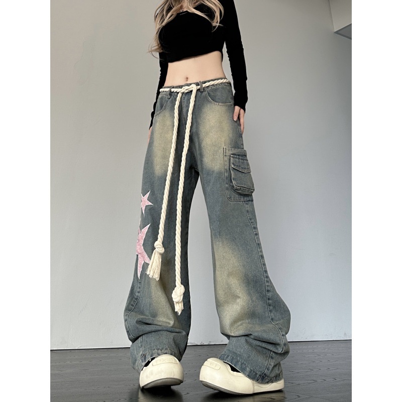 Cross-border American Retro Star Patch Design Women's Dopamine Straight Loose Slimming Niche Jeans_voghion.com
