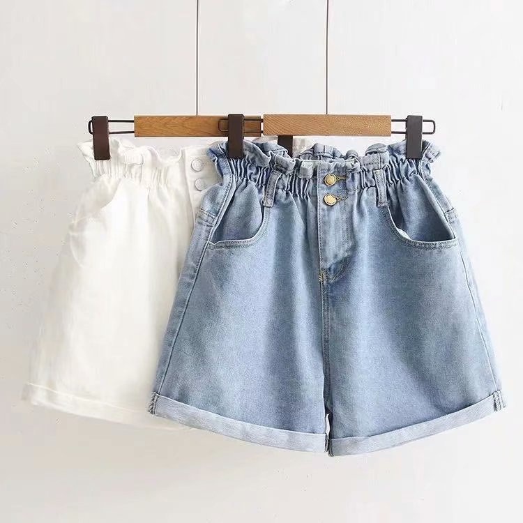 Damen Denim Shorts Mit Elastikbund Weites Bein Jeans Hose Blau_voghion.com