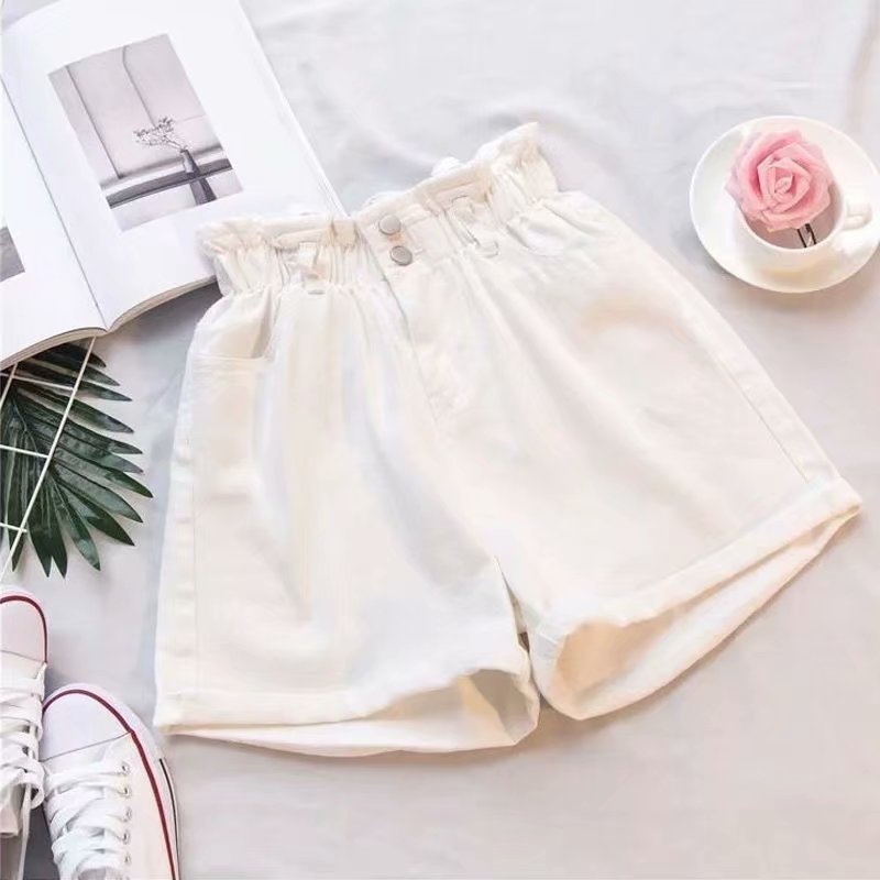 Damen Denim Shorts Mit Elastikbund Weites Bein Jeans Hose Blau_voghion.com