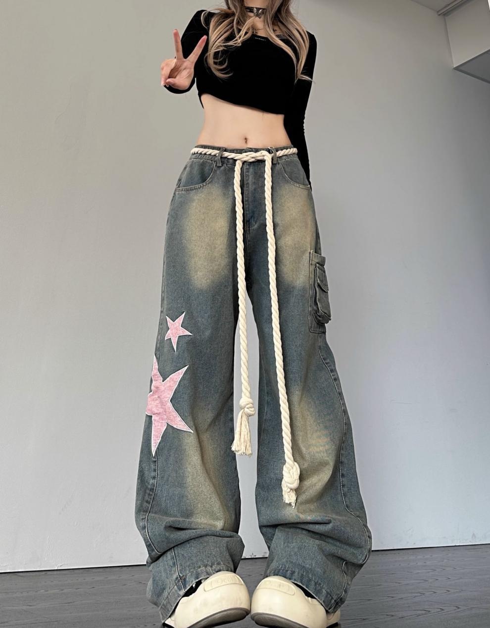 Damen Retro Jeans Mit Stern Patch Schnitt Weiter Passform Denim Hose_voghion.com
