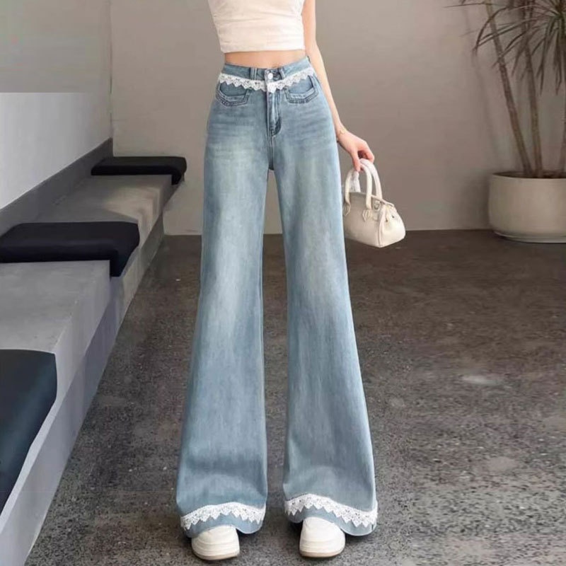 Lace-trimmed Jeans, Non-tight-fitting Pants, Plus-size Loose-fitting Women's Clothing, Large-size High-waisted Flared_voghion.com