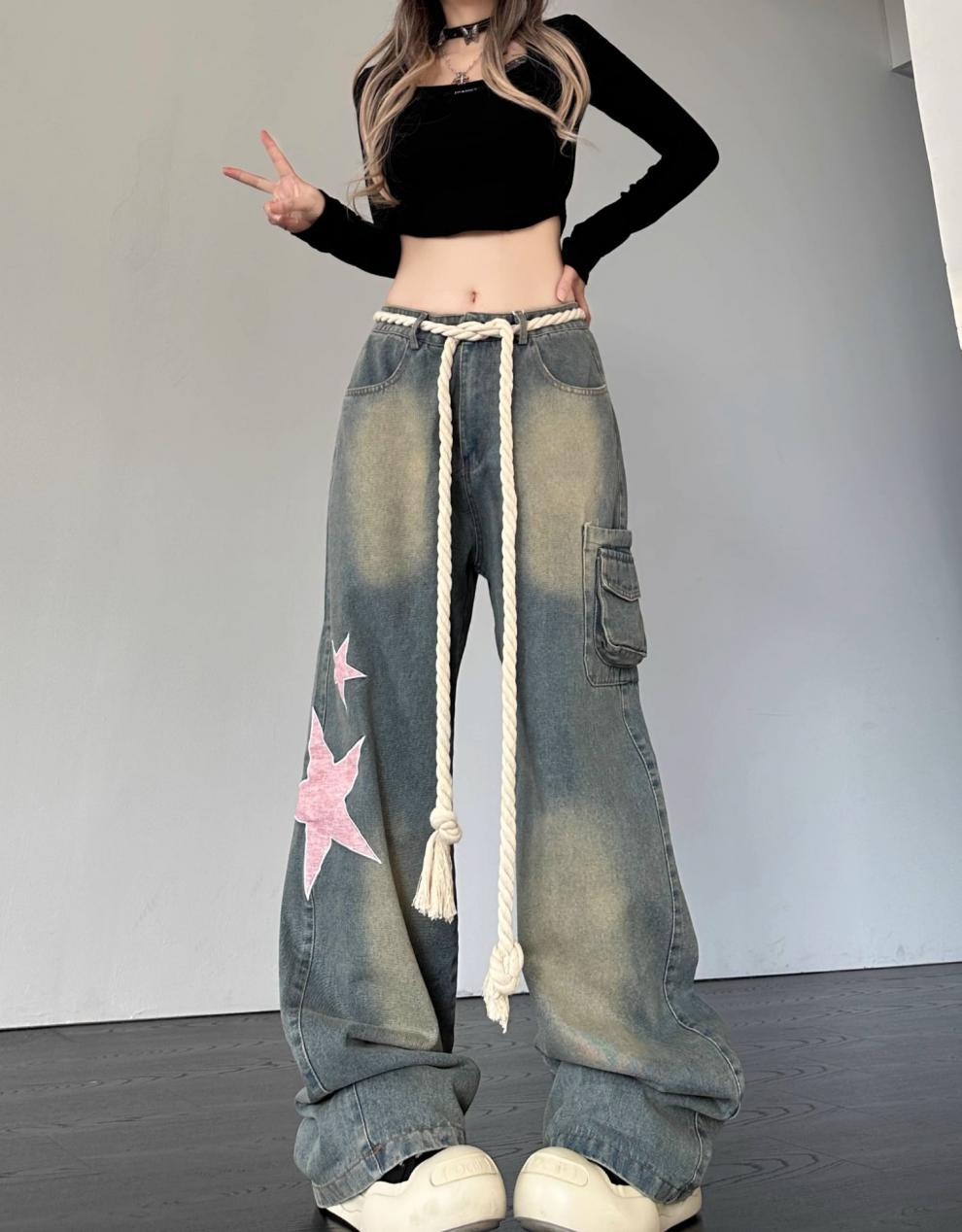 Damen Retro Jeans Mit Stern Patch Schnitt Weiter Passform Denim Hose_voghion.com