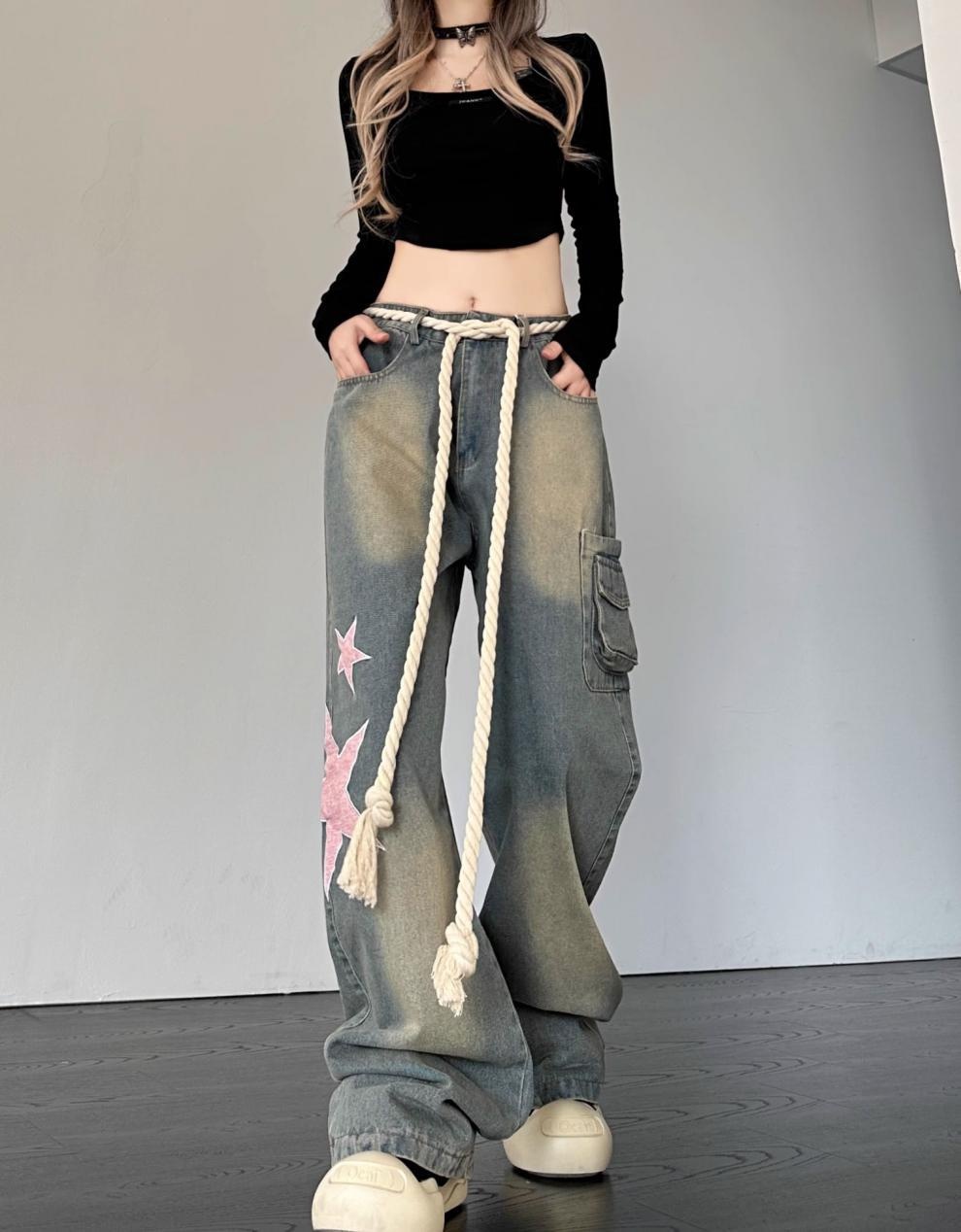 Damen Retro Jeans Mit Stern Patch Schnitt Weiter Passform Denim Hose_voghion.com