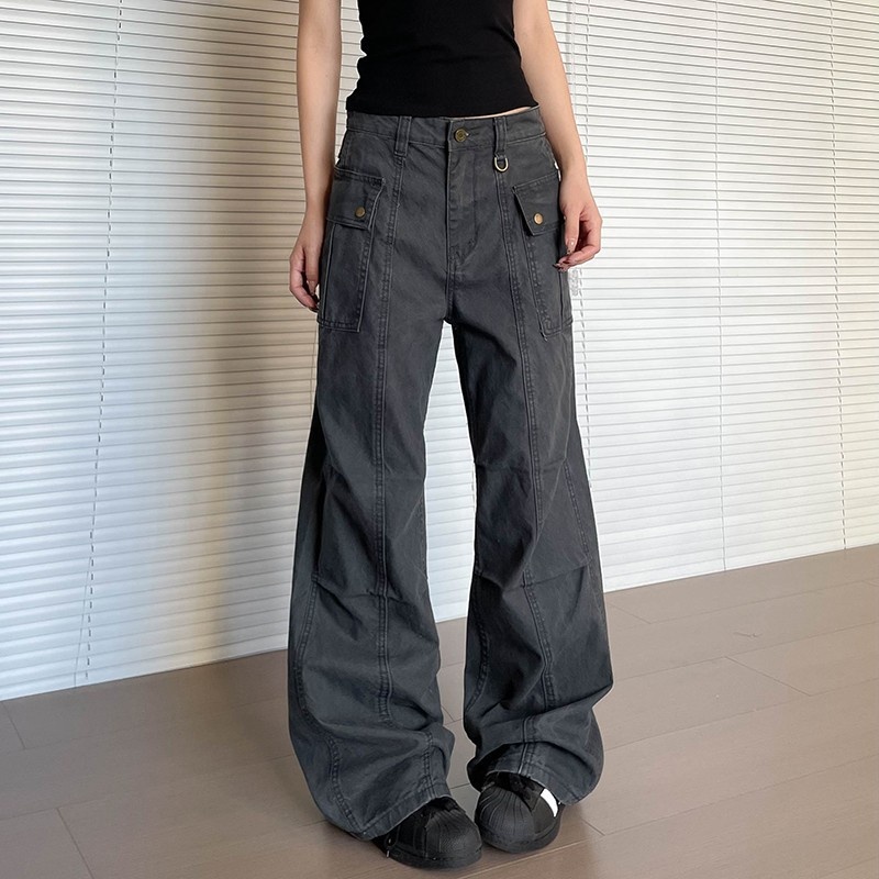 Amerikanische Retro-Cargohose mit mehreren Taschen für Damen und Herren, gerades Bein, leicht ausgestellt, figurformend, gewaschen, lässig._voghion.com