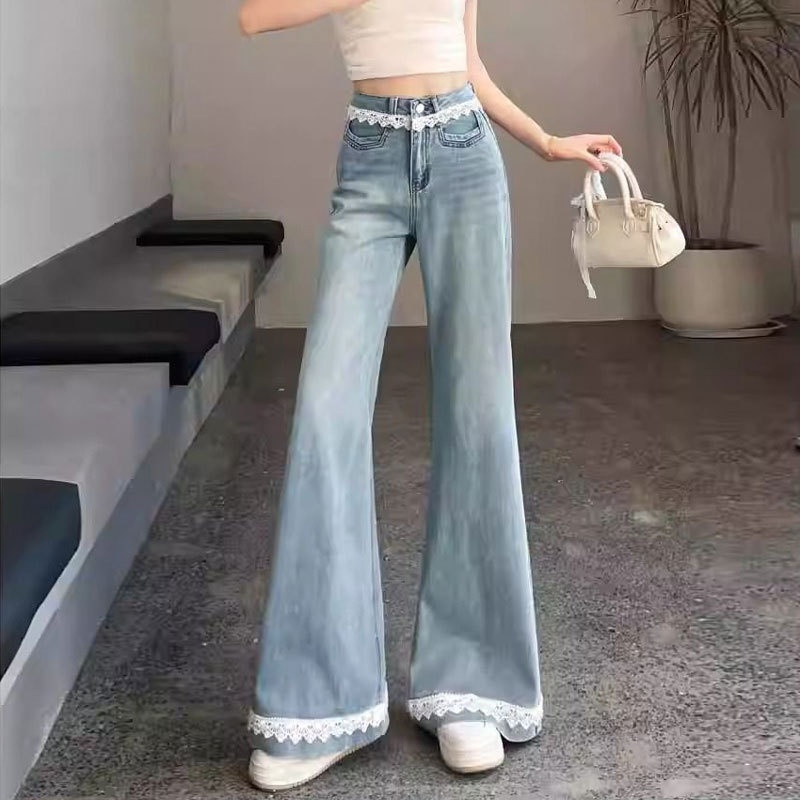 Lace-trimmed Jeans, Non-tight-fitting Pants, Plus-size Loose-fitting Women's Clothing, Large-size High-waisted Flared_voghion.com