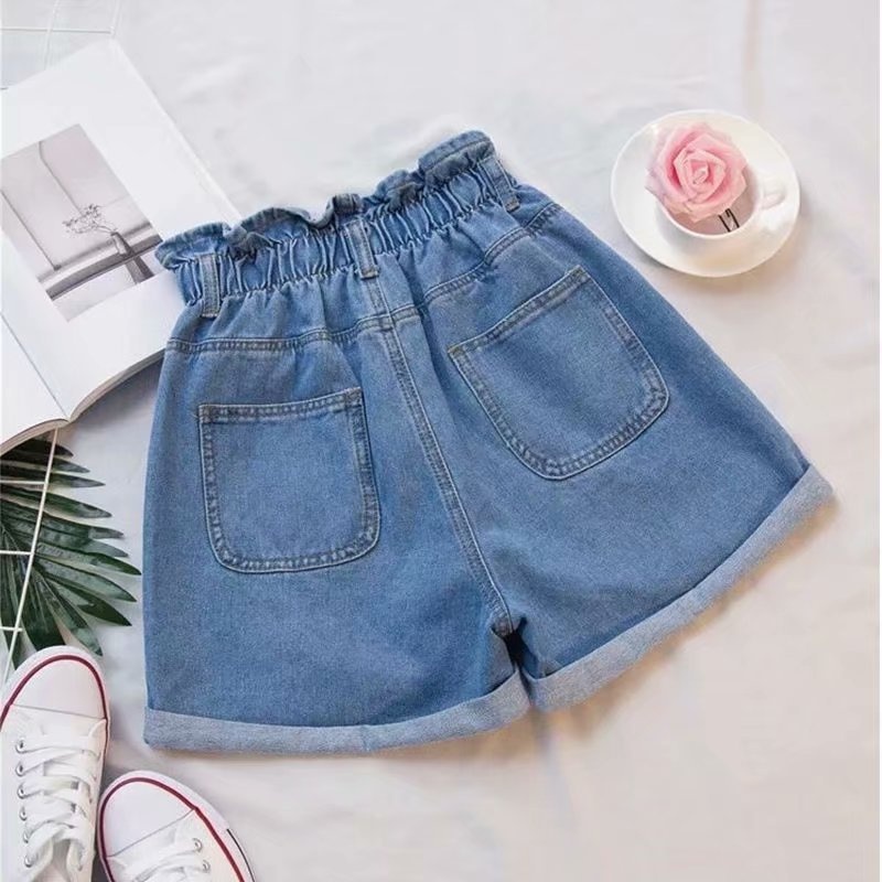 Damen Denim Shorts Mit Elastikbund Weites Bein Jeans Hose Blau_voghion.com