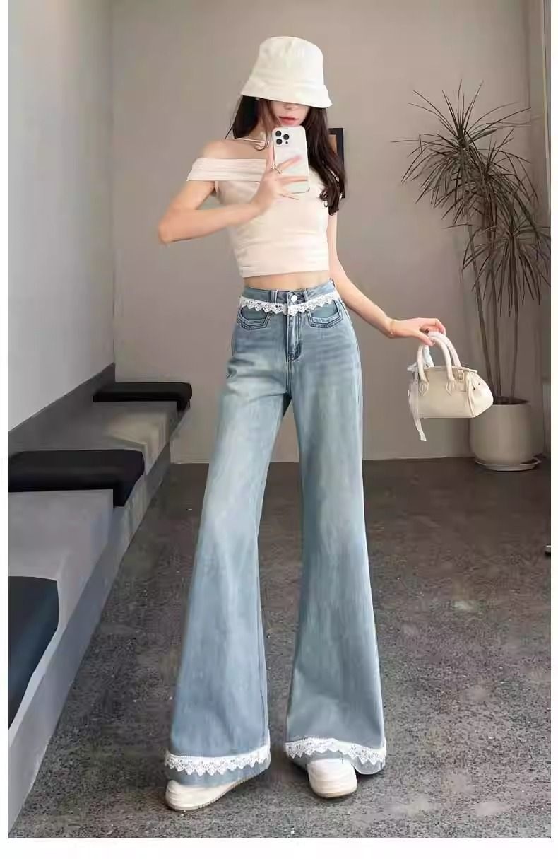 Dam flare jeans med spetsdetaljer och hög midja_voghion.com
