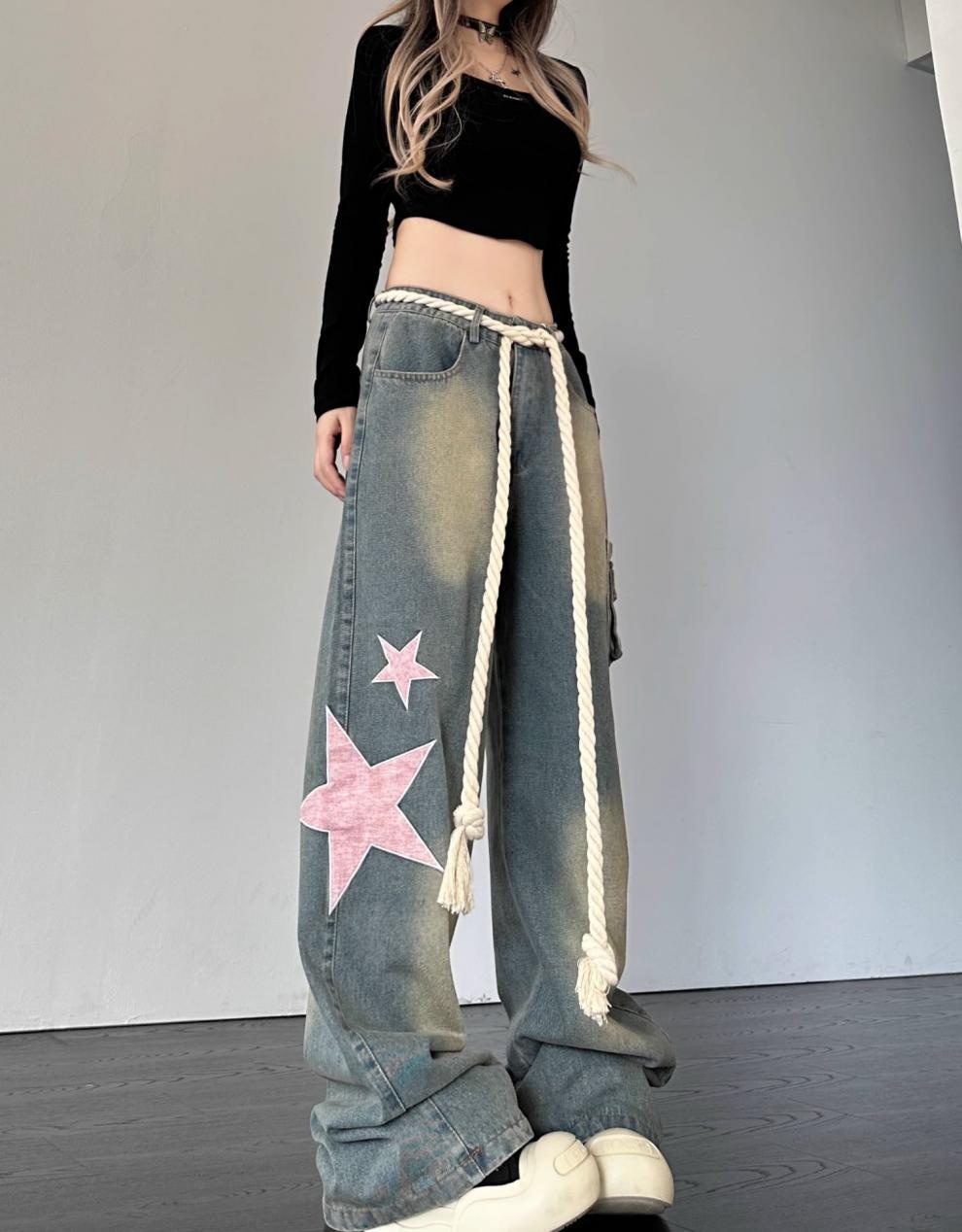 Damen Retro Jeans Mit Stern Patch Schnitt Weiter Passform Denim Hose_voghion.com