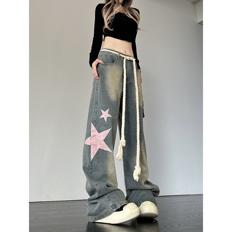 Cross-border American Retro Star Patch Design Women's Dopamine Straight Loose Slimming Niche Jeans_voghion.com