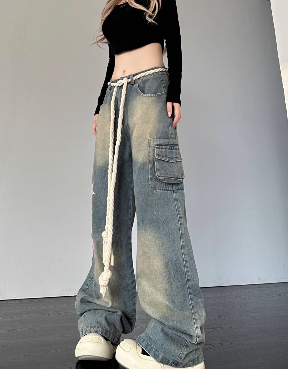 Damen Retro Jeans Mit Stern Patch Schnitt Weiter Passform Denim Hose_voghion.com