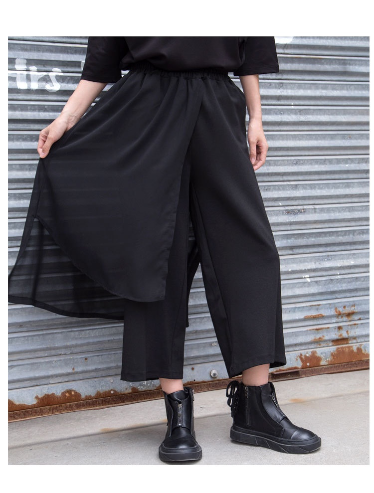 Dam capri byxor med vida ben asymmetrisk chiffon patchwork_voghion.com