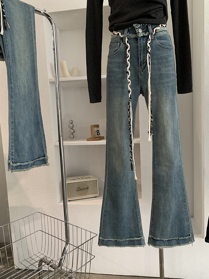 Womens Washed Raw Edge Flared Jeans High Waisted Slimming Trousers_voghion.com