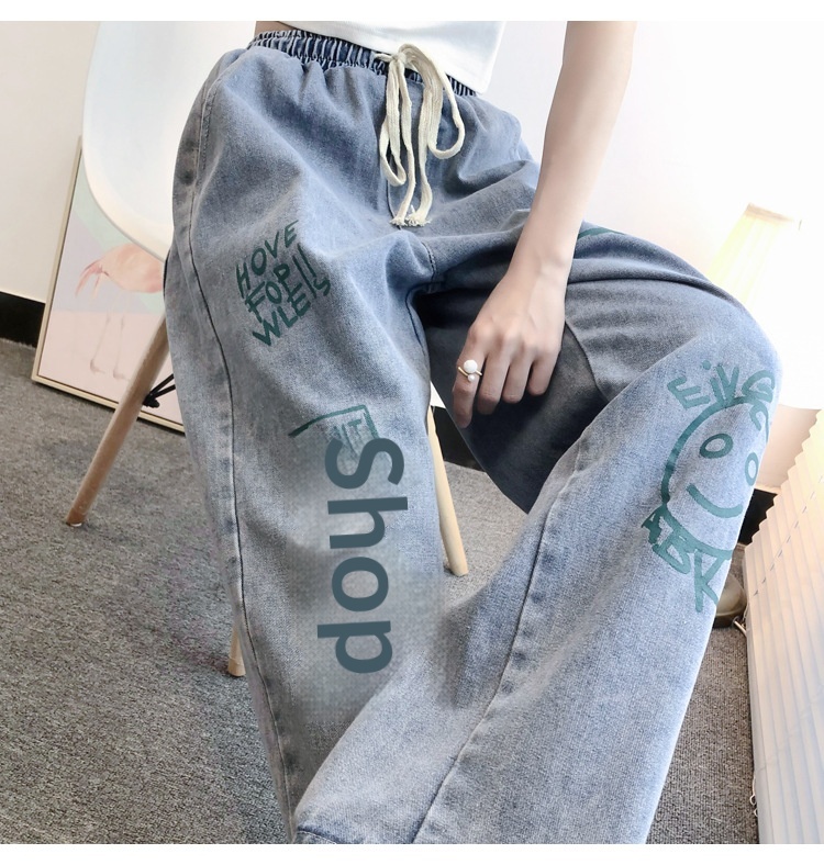 Dam jeans wide-leg graffiti boyfriend stil elastisk midja_voghion.com