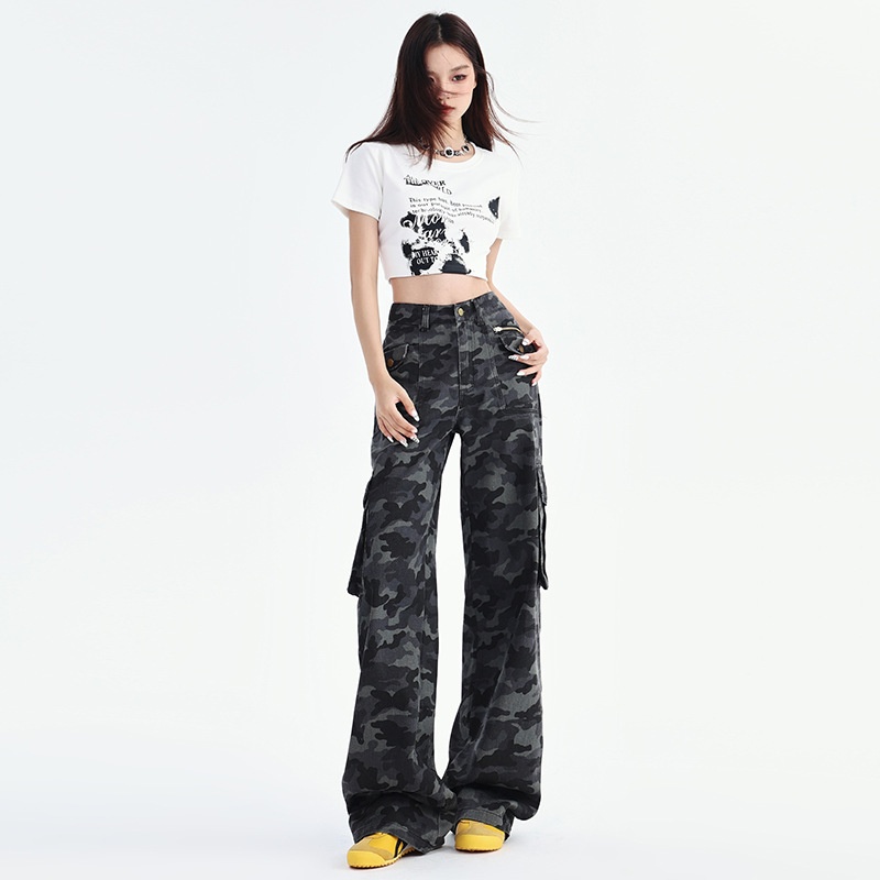 Amerikanischer Stil, witzige Camouflage-Cargohose mit weitem Bein für Damen, Herbst 2024, hochgeschnitten, locker, figurformend, gerader Schnitt_voghion.com