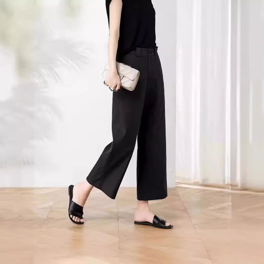 Washed Cotton Casual Workwear Suit For Women, Summer Thin Loose Slimming High-waisted Drapey Cropped Straight Wide-leg_voghion.com