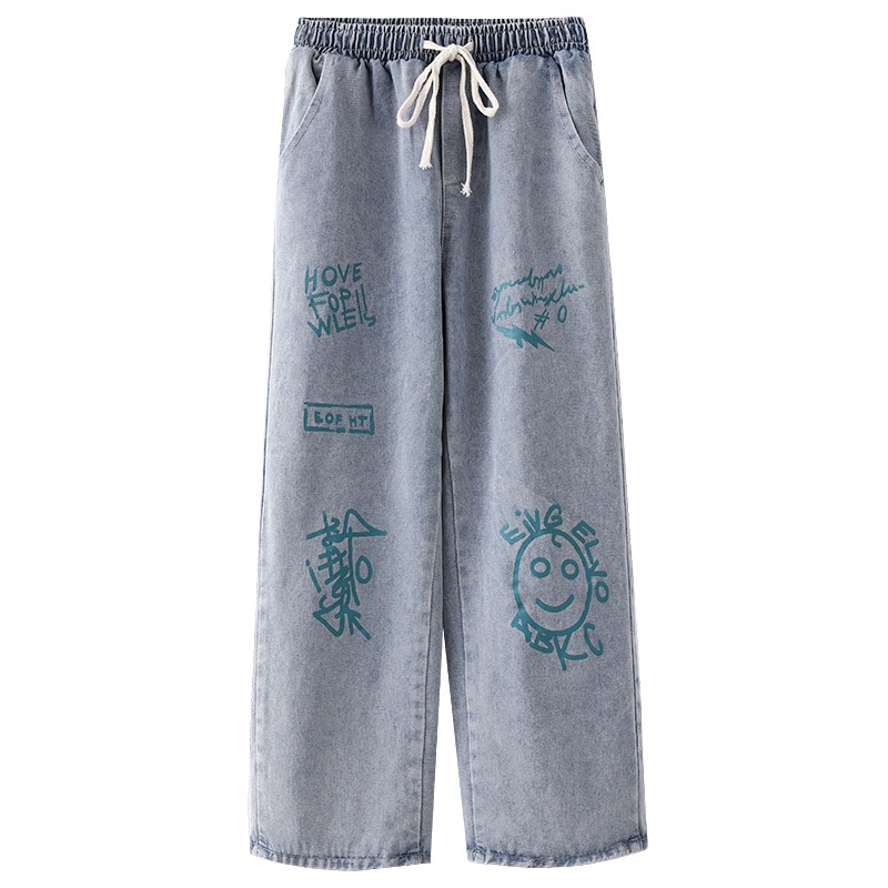 Plus-size Wide-leg Graffiti Jeans For Women, Boyfriend Style, Straight Cut, Elastic Waist, Loose-fit Pants, Trendy_voghion.com