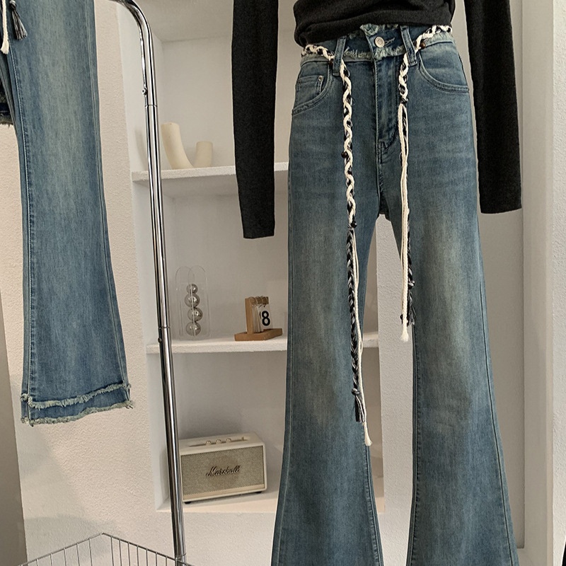 Omalai Washed Raw Edge Slightly Flared Jeans For Women, New Autumn/Winter High-Waisted Slimming Bell-Bottom Pants With_voghion.com