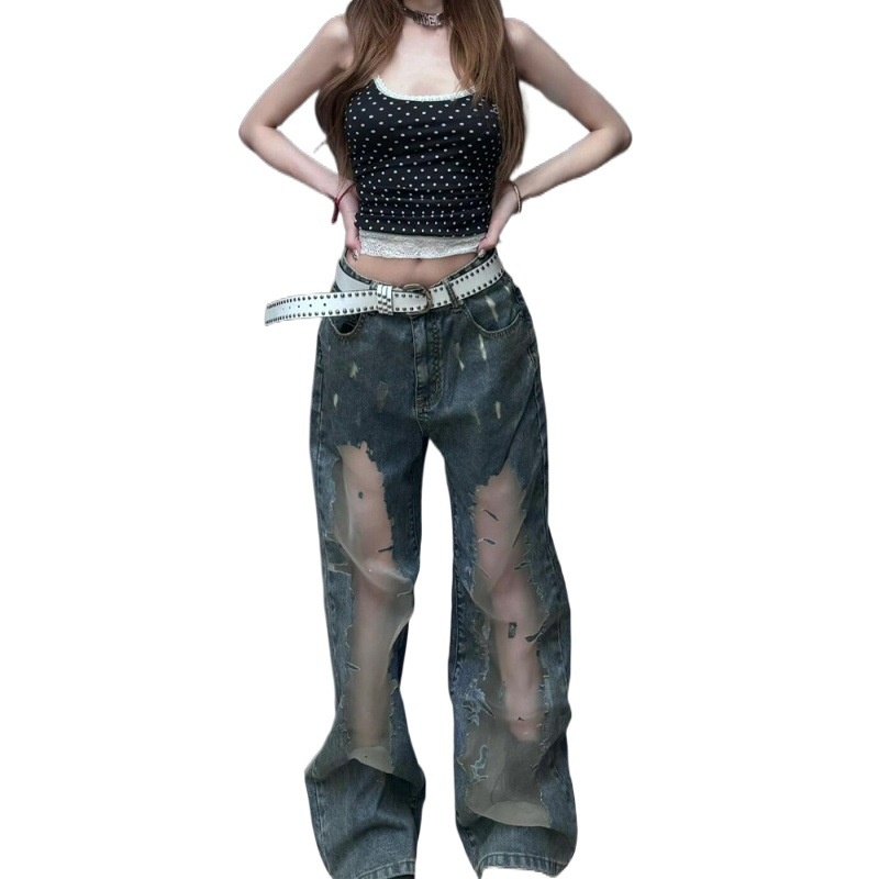 American-style Retro Washed Ripped Jeans For Women, Summer Design With Hollow-out Details And Distressed Texture,_voghion.com