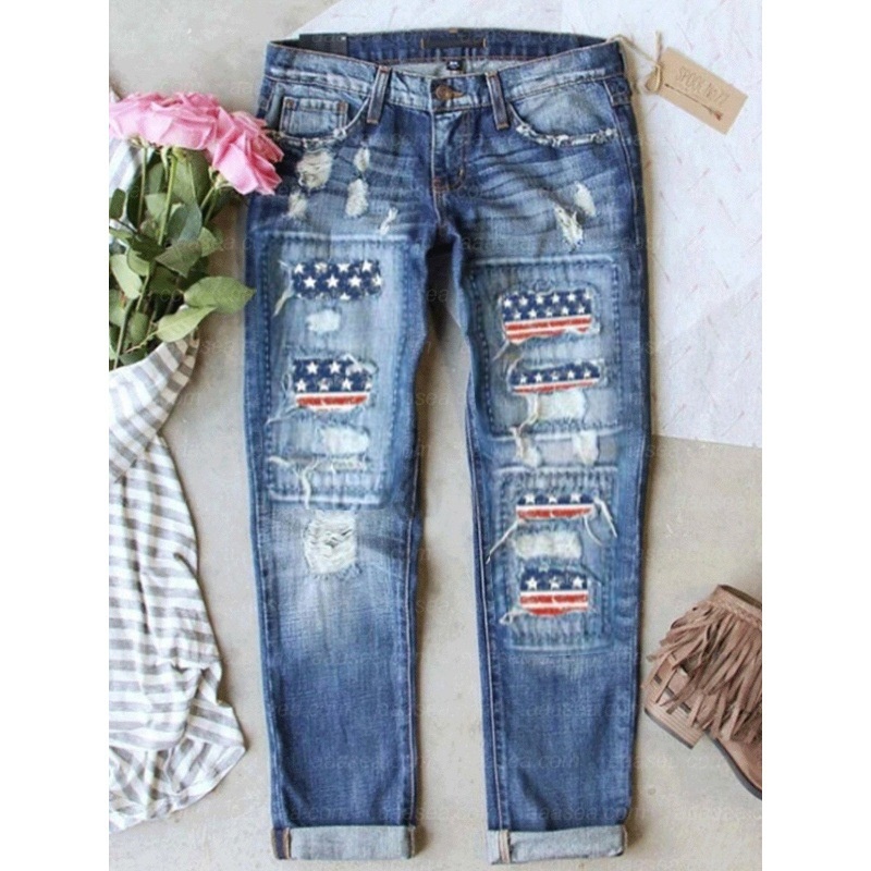 Women's Jeans Ripped Rainbow Patch Mid-waist Straight Denim Pants_voghion.com