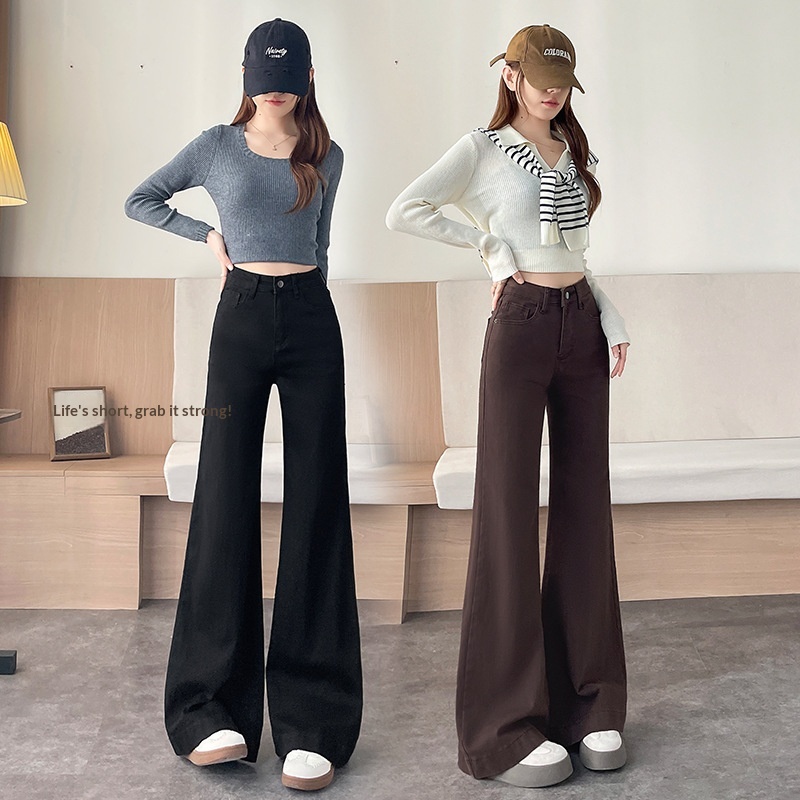 2583 Fleece-lined Bell-bottom Jeans For Women, Autumn And Winter 2025 New Style, Loose Retro Design, Floor-length Pants_voghion.com