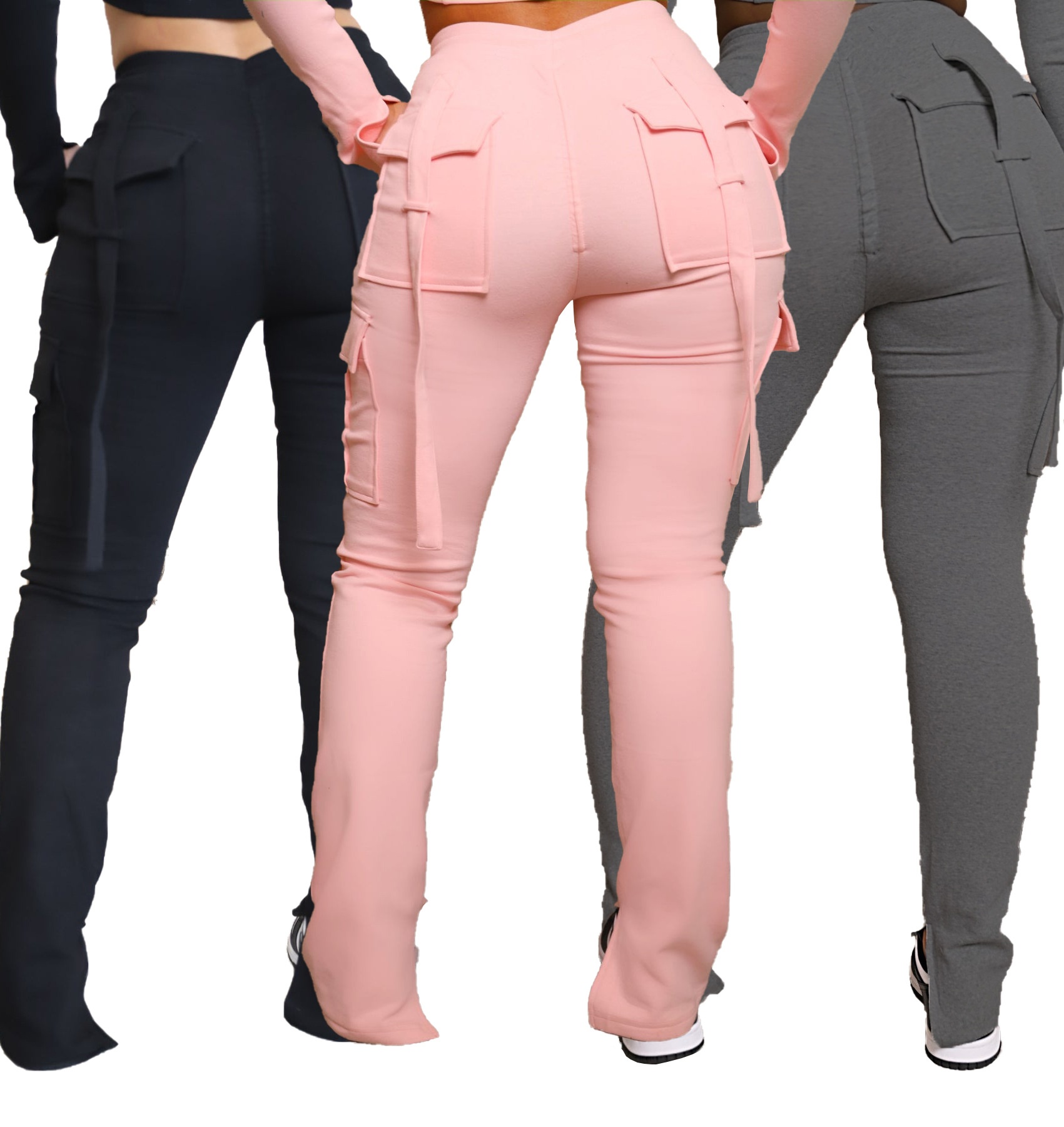 A5342 Cross-border European And American Women's Fashion Trendy Workwear Pocket Drawstring Waist Slit Leg Casual Pants_voghion.com
